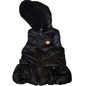 Juicy Couture Black Fur Puffer/ Quilted Toddler Hooded Vest with Gold Accents 2T